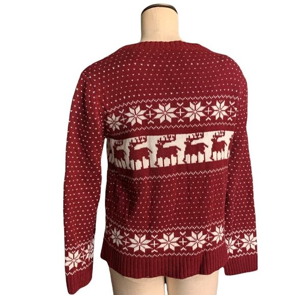 POL Sweater Burgundy & White Sz L Snowflake Reindeer Fair Isle Nordic #216H - Picture 5 of 8